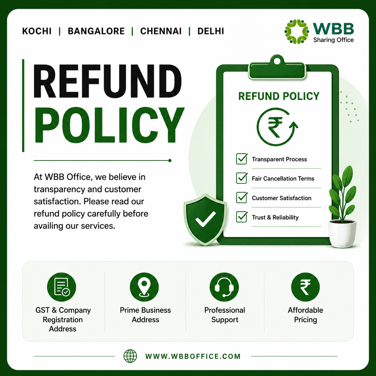 WBB Office refund policy banner featuring transparent cancellation terms for virtual office, GST registration address, company registration, and coworking services.