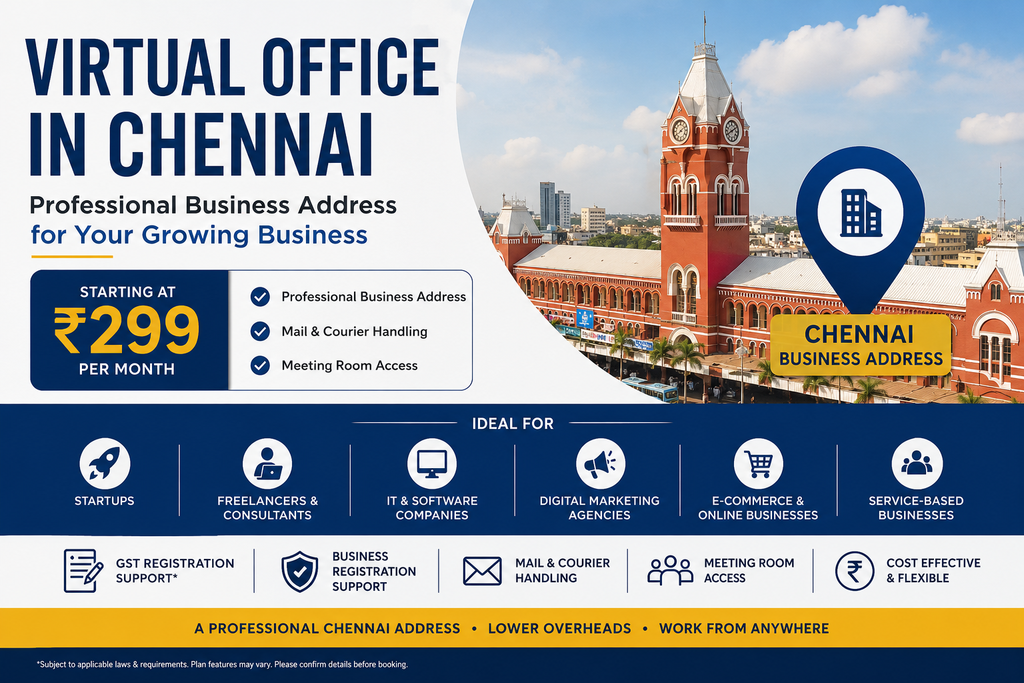Virtual office in Chennai starting at ₹299 per month with professional business address