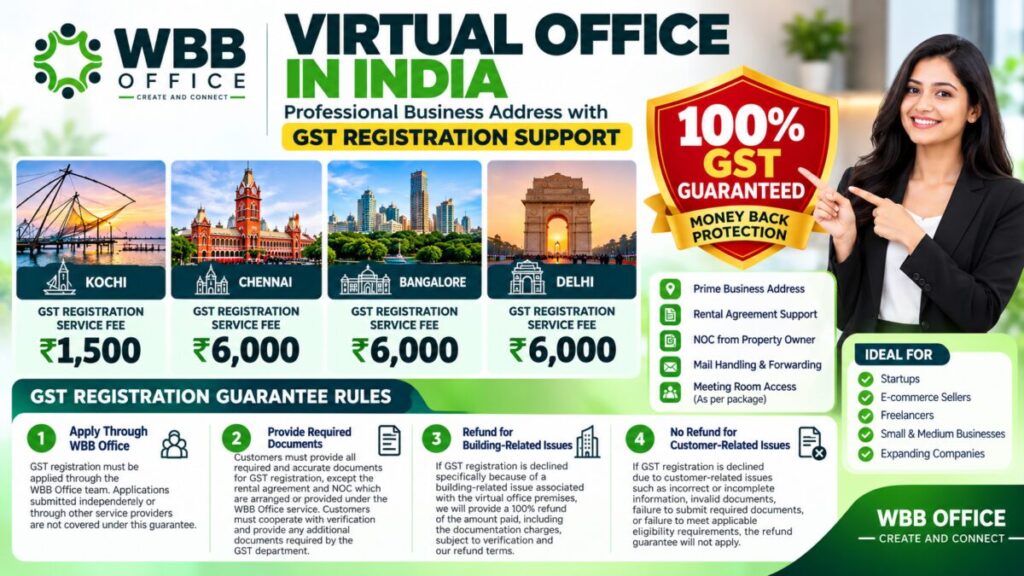 Virtual office services in Kochi, Chennai, Bangalore and Delhi with GST registration support and refund policy by WBB Office.