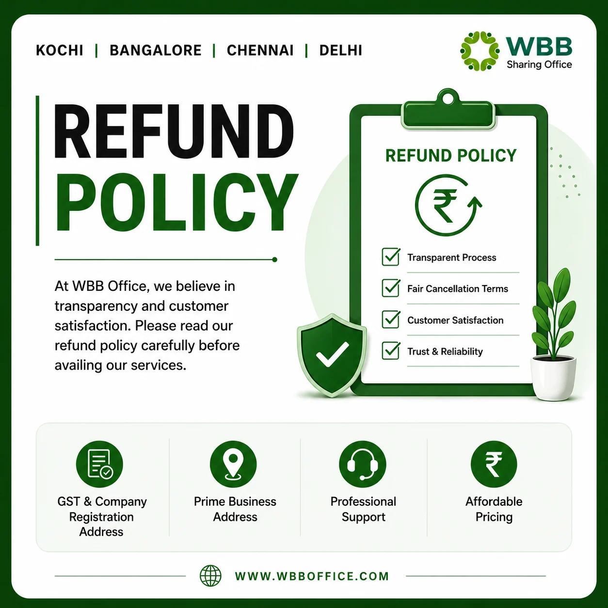 WBB Office refund policy banner featuring transparent cancellation terms for virtual office, GST registration address, company registration, and coworking services.